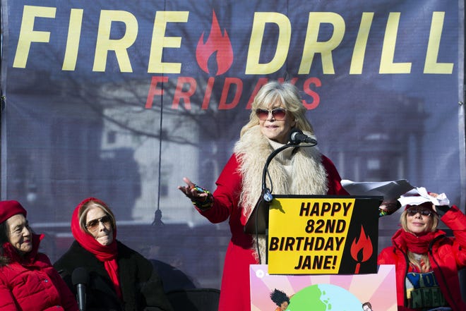 Actress and activist Jane Fonda speaks during "Fire Drill Fridays" demonstrations, on her 82 birthday, calling on Congress for action to address climate change on Capitol Hill in Washington, Friday, Dec. 20, 2019. A half-century after throwing her attention-getting celebrity status into Vietnam War protests, Fonda is now doing the same in a U.S. climate movement where the average age is 18. (Associated Press / Jose Luis Magana)