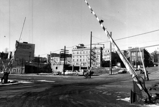 The New York Avenue railroad crossing is seen in the 1960s, prior to construction of the current overpass. For decades, this was the most dangerous crossing in Beaver County, the site of numerous fatal accidents and collisions. [BCT file photo]
