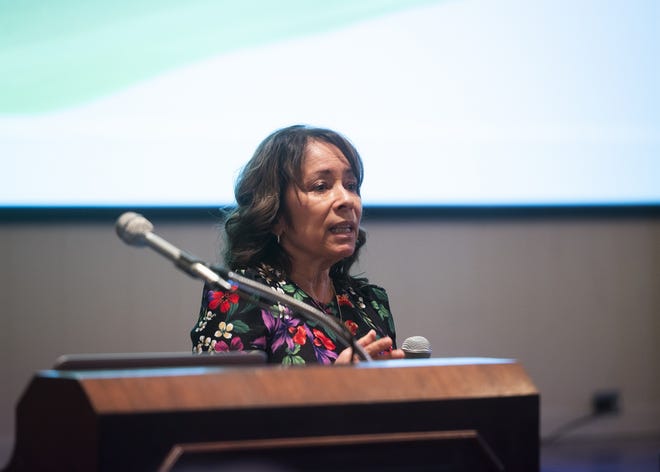 Irene Brank, a storyteller, speaker, and advocate for the transgender community, speaks at the Power of Women lunch program at Mechanics Hall on Tuesday. [T&G Staff/Ashley Green]