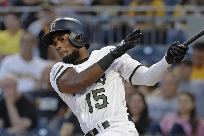 Pablo Reyes drives in a run with a double off Miami Marlins pitcher Elieser Hernandez last season. Reyes was suspended 80 games on Wednesday under the major league drug program following a positive test for the performance-enhancing drug Boldenone. [AP Photo/Gene J. Puskar, File]