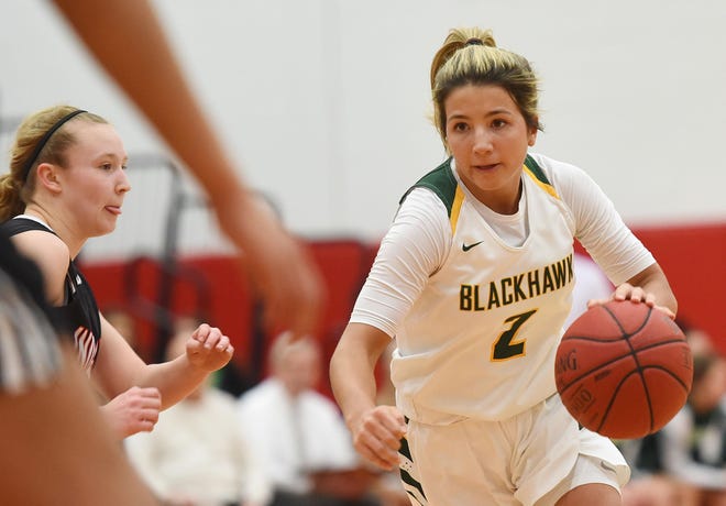 Blackhawk's Mackenzie Amalia drives to the hoop during a WPIAL Class 4A quarterfinal game against Indiana Thursday at Fox Chapel Area High School. [Sally Maxson/For BCT]
