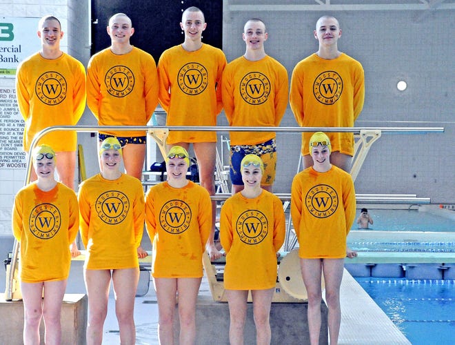 Wooster's state-qualifying swimmers: (bottom, from left) Gretchen Chelf, Maddy Murphy, Emma LoGuidice, Olivia Frantz and Gracie Chelf. (top, from left) Jaden Boucher, Thomas Matthew, Tyler Strand-Fox, Kyle Ward and Andy Glasgow.