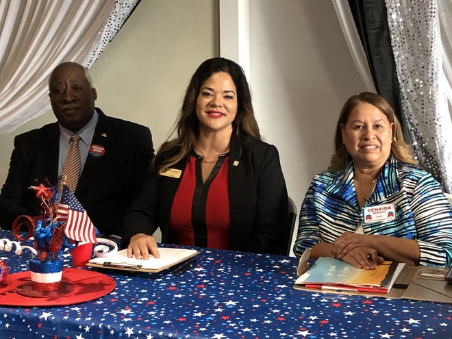 Republican candidates for Florida House District 27, from left, Webster Barnaby, Erika Benfield and Zenaida Denizac pose before a debate on Tuesday, Feb. 18, 2020, before the West Volusia Republican Club at the Elks Club in DeLand. The candidates answered 10 questions from club members posed by club President Gary Crews. [News-Journal/Mark Harper]