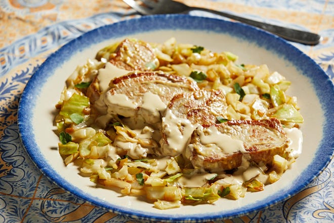 Pork and cabbage with mustard cream sauce gets its flavor from cream, mustard and lemon juice. [Contributed by Tom McCorkle]