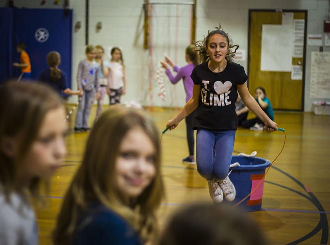 Alyssa Baker, 4th grade student, participates in a Jump Rope for Heart event Wednesday at Marian E. McKeown Elementary School in Hampton. [Photo by Daniel Freel/New Jersey Herald (NJH)]