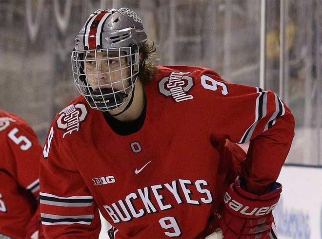 Tanner Laczynski scored what was the game winning goal against Michigan State on a power play with 3:21 remaining. [Ric Kruszynski/Ohio State file photo]