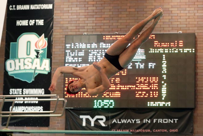 New Albany's Noah Duperre performs one of his dives on the way to winning the 1-meter championship at C.T. Branin Natatorium. [Shane Flanigan/ThisWeek Newspapers]