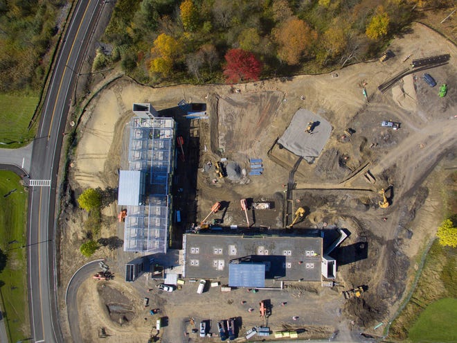 An aerial photo provided by Hueber-Breuer of construction at the new residence hall at SUNY Polytechnic Institute. [PROVIDED PHOTO]
