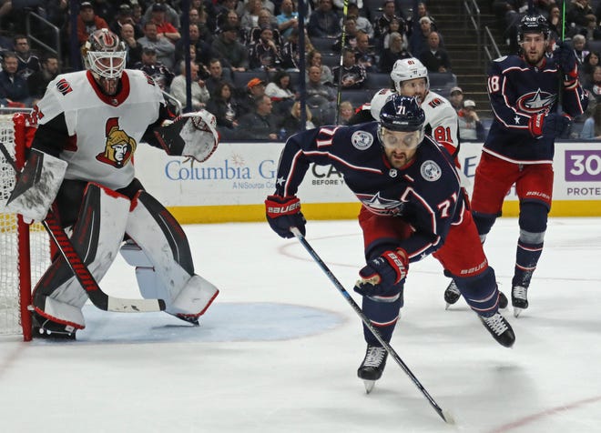 Blue Jackets left wing Nick Foligno pursues the puck during a game against the Ottawa Senators on Monday. [Doral Chenoweth III]