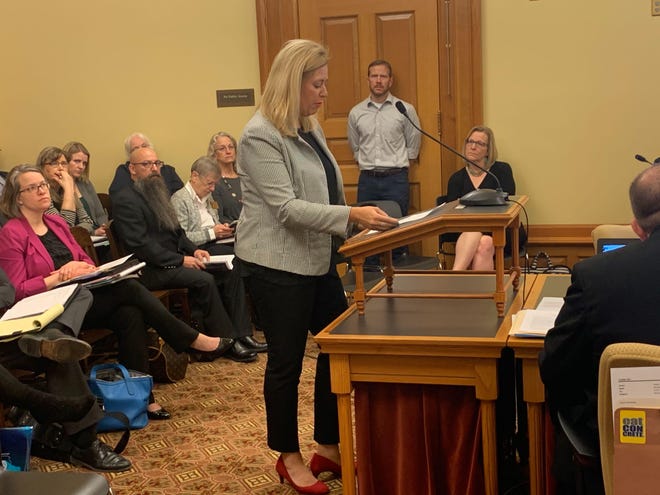 Karey Padding, who said newborn screening led to her son’s early diagnosis for cystic fibrosis, testified in support of a bill before the Senate Public Health and Welfare Committee that would expand screening of infants to 35 ailments. [Sydney Hoover/Special to The Capital-Journal]
