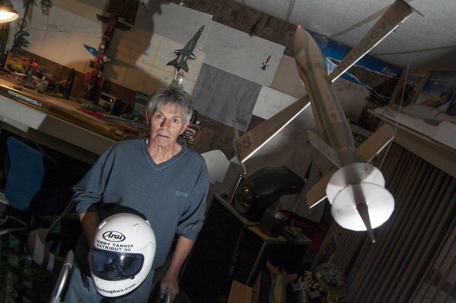 In this 2015 file photo, “Mad” Mike Hughes stands holding the helmet he wore during a record rocket jump on Jan. 30, 2014. Hughes was killed Saturday, Feb. 22, 2020, during a botched rocket launch near Barstow. [DAILY PRESS FILE PHOTO]