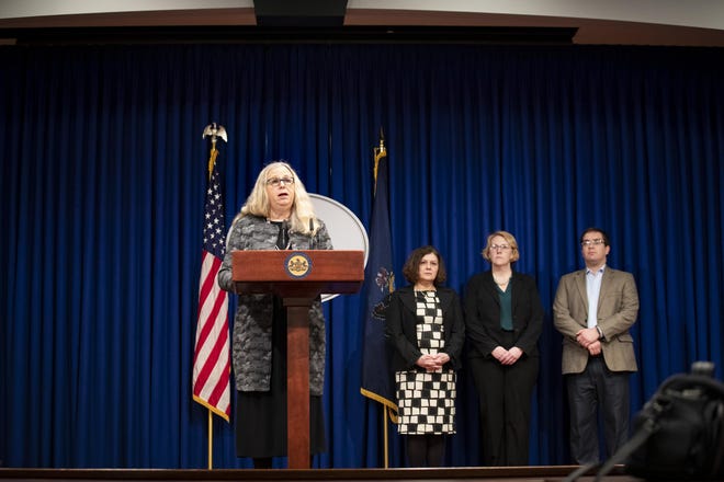 Secretary of Health Dr. Rachel Levine, joined on stage by Department of Health professionals, answers questions from the media, at the Harrisburg Capitol on Wednesday. The department wants to ensure that health systems, first responders, and municipal health departments have the resources they need to prevent COVID-19 from spreading. [COMMONWEALTH MEDIA SERVICES]