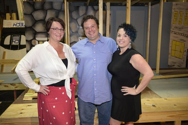 Kim Levine and Nikki Duslak of Create Conservatory are the first to step up to answer Executive Director Dustin Lavine’s cry for help at Melon Patch Theatre in Leesburg. [Cindy Sharp/Correspondent]