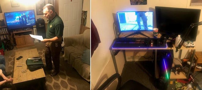 Flagler County Detective Dennis Lashbrook, left, reads a search warrant during a Jan. 23 raid at the suspect’s Mahogany Boulevard home in Daytona North. Photo at right shows the teen suspect’s computer setup in his room. [Photos provided/Flagler County Sheriff’s Office]