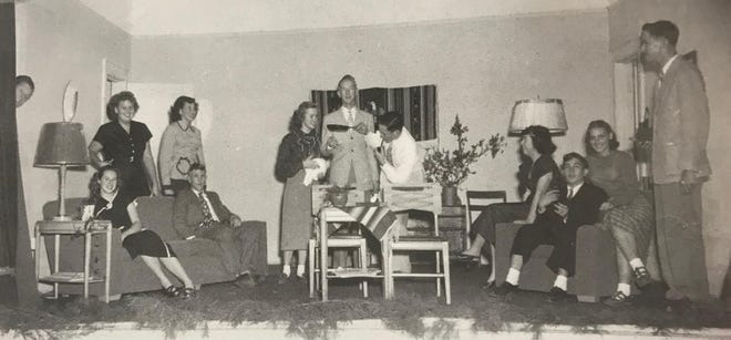 Cast members of the 1951 Bunnell High School junior class play, 'Suzy,' by Dana Thomas are, left to right: Edgar Bielejeski (behind the curtain), Betty Jean Hunter, Ann Chambers, Millie Ann Conway, Bobby Kendall, Betty Muzyka, H.V. Peavy, Gale Mercer, Joanna Botterbusch, Arnold McCraney, Mette Durrance and Dalton Cobb. [Flagler County Historical Society]