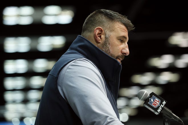 Tennessee Titans head coach Mike Vrabel speaks during a press conference at the NFL football scouting combine in Indianapolis on Tuesday. The Titans could be a team that would be interested in signing Tom Brady to a contract this offseason. [AP Photo/Charlie Neibergall]