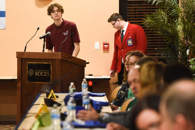 Student moderator Luke Stell, SkillsUSA president, asks panelists opioid-related questions during a public panel Wednesday, Feb. 26, 2020, at Oneida-Herkimer-Madison BOCES in New Hartford. [ALEX COOPER / OBSERVER-DISPATCH]