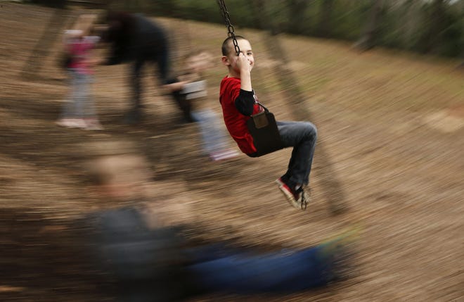 Alec Posey swings in Bowers Park with siblings and friends Tuesday, Feb. 25, 2020. The photograph was made by using a slow shutter speed and moving the camera in sync with the motion of the swing. [Staff Photo/Gary Cosby Jr.]