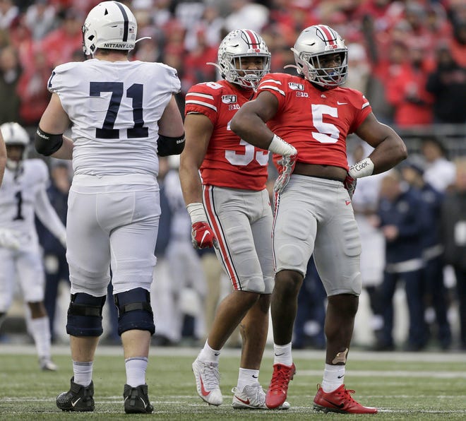 Perhaps no other Ohio State player showed such steep improvement in 2019 more than linebacker Baron Browning (5), who finished with 43 tackles and 10 tackles-for-loss as a junior. [Barbara J. Perenic]