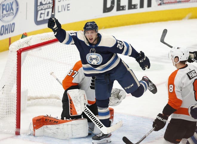 Stefan Matteau celebrates a goal during the Blue Jackets’ 4-3 overtime loss to the Flyers last Thursday. The forward has two goals, one assist and three points in his first four games with the Jackets. [Fred Squillante/Dispatch]