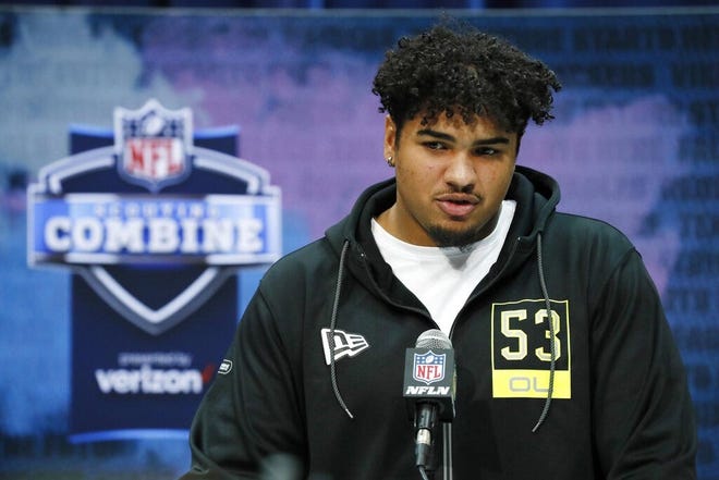 Iowa offensive lineman Tristan Wirfs speaks during a press conference Wednesday at the NFL football scouting combine in Indianapolis. [Charlie Neibergall/The Associated Press]