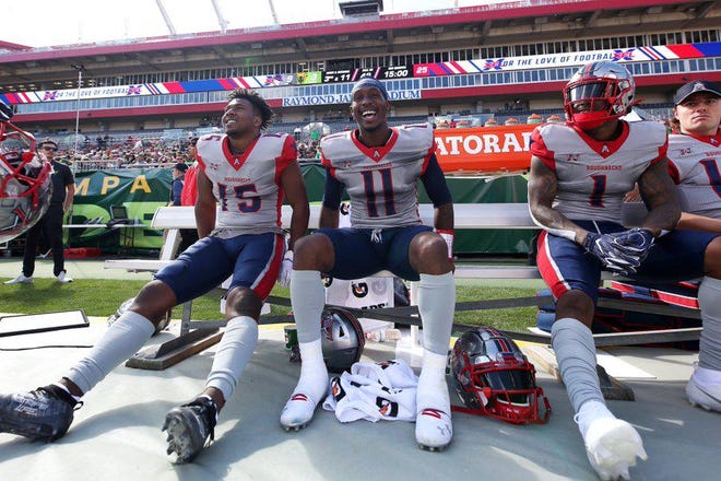 Houston quarterback PJ Walker, center, enjoys a win over Tampa Bay last weekend. The Roughnecks are the league’s top team, with a 3-0 record. [XFL PHOTO]