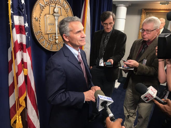 Senate Pro Tem Del Marsh, R-Anniston, discusses the occupational tax bill with reporters on Thursday. [Photo by Alabama Daily News]