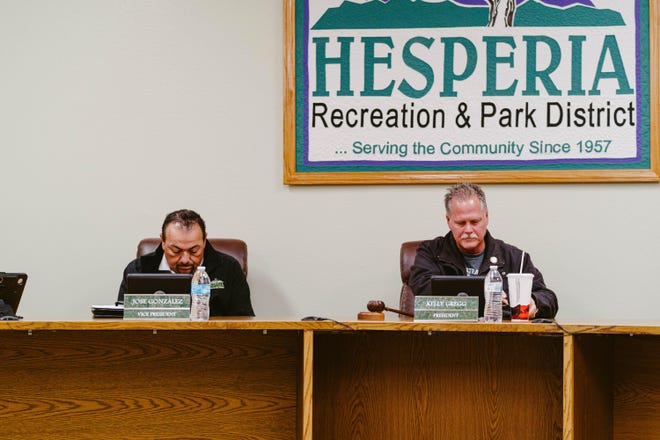 Hesperia Recreation & Park District Board President Kelly Gregg, right, and Director Jose Gonzalez during a special meeting on Friday, Feb. 28, 2020. The board voted 5-0 to terminate longtime General Manager Lindsay Woods amid an investigation into allegations of a hostile work environment. [JULIO MANZO FOR THE DAILY PRESS]