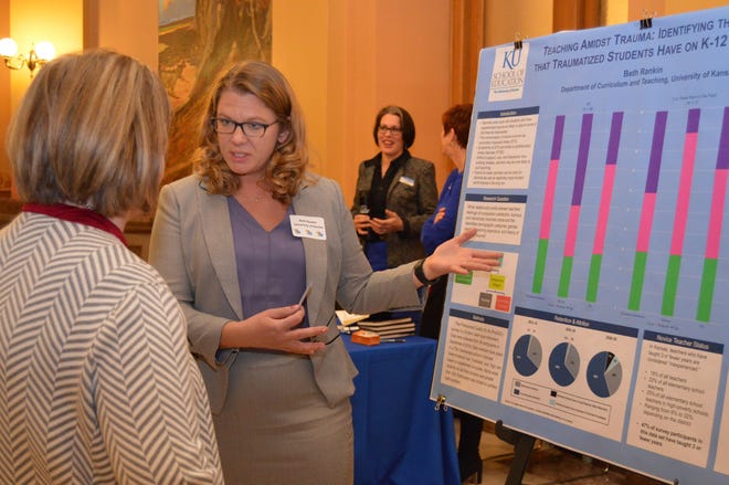Beth Rankin, a graduate student at the University of Kansas, describes her research on novice elementary school teachers exposed to traumatized students at the 17th annual Capitol Graduate Research Summit drawing upon student work at the six universities in the Kansas Board of Regents system. [Submitted]