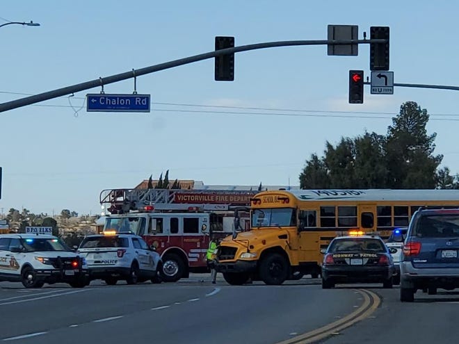 A 32-year-old resident, who authorities say was off his schizophrenia medication, was arrested after he allegedly fled the scene of a crash that involved a Victorville Elementary School District bus Monday afternoon. [PHOTO COURTESY OF DAWN QUIGG]