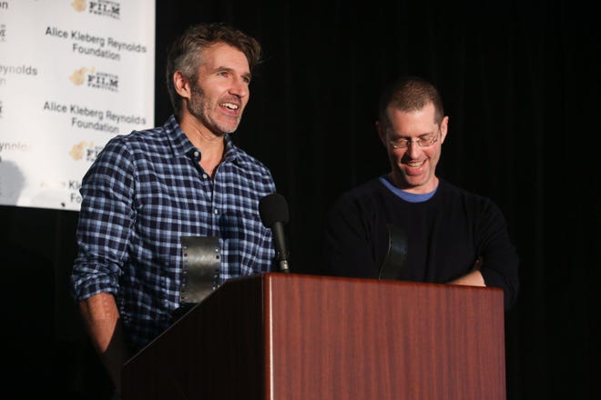 “Game of Thrones” co-creators and executive producers David Benioff and D.B. Weiss were presented with the 2019 outstanding television writer award at Austin Film Festival. [Contributed by Jack Plunkett / Austin Film Festival]