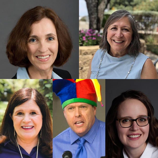 Rebecca Bell-Metereau, top left, and Letti Bresnahan, top right, are running in the Democratic primary for District 5 of the State Board of Education. Lani Popp, bottom left, is running against Robert Morrow, bottom middle, and Inga Cotton, bottom right, in the Republican primary for District 5 of the State Board of Education.