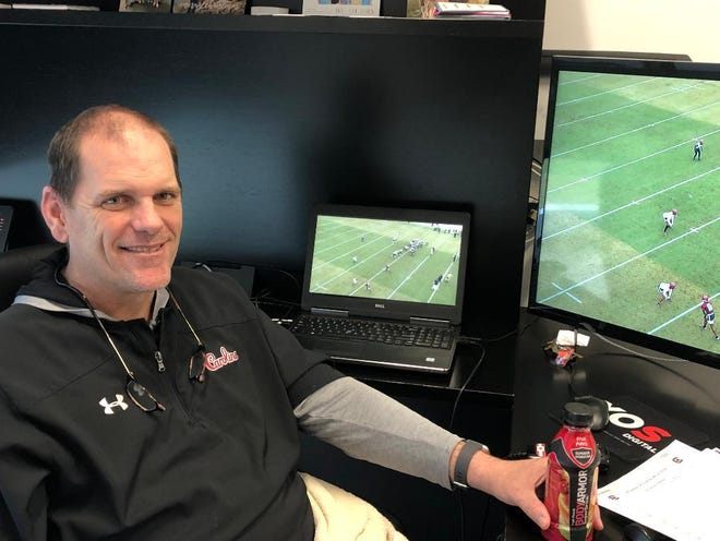 New South Carolina offensive coordinator Mike Bobo at his office in Columbia, S.C. on Feb. 26. [Marc Weiszer/Athens Banner-Herald]