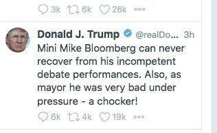 President Donald Trump tweeted about presidential candidate Mike Bloomberg on Super Tuesday, referring to Bloomberg as a “chocker.” [TWITTER]