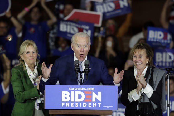 Democratic presidential candidate former Vice President Joe Biden speaks at a rally Tuesday night in Los Angeles to celebrate his Super Tuesday victories. [Chris Carlson/The Associated Press]