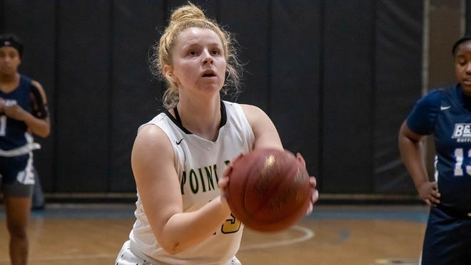 Quigley graduate Taylor Kirschner averaged 12 points per game as a freshman at Point Park. [Photo courtesy of Point Park Athletics]