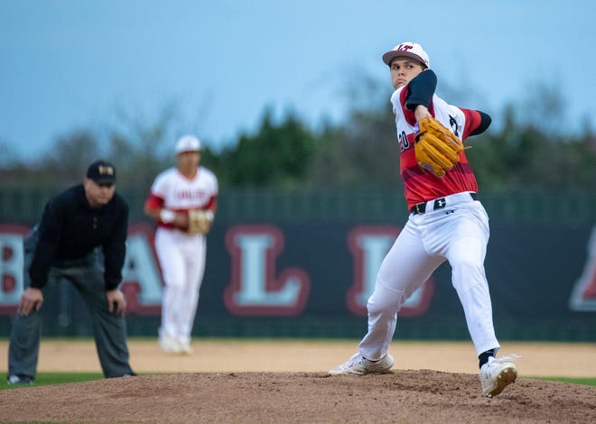 Lake Travis pitcher Storm Hierholzer, a TCU signee, is the ace of the staff. The Cavs are ranked by the American-Statesman as the preseason No. 1 team in Central Texas. [JOHN GUTIERREZ/FOR STATESMAN]