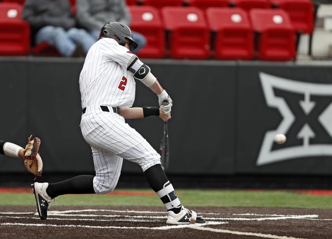 Texas Tech's Jace Jung (2) hits a three-run home run during a nonconference game Wednesday against UNLV at Dan Law Field at Rip Griffin Park. [Brad Tollefson/A-J Media]