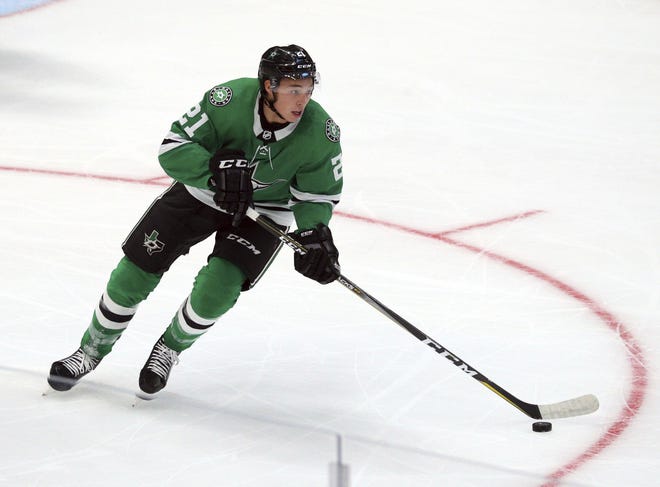 Jason Robertson, seen here playing for the Dallas Stars in a preseason NHL game, scored and assisted on a goal for the Texas Stars in a 2-1 win over the San Antonio Rampage on Friday night. [Richard W. Rodriguez/The Associated Press]