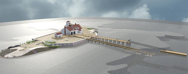 This rendering shows the planned pier that would allow boat access to the Wood Island Life Saving Station in Portsmouth Harbor. [Courtesy]
