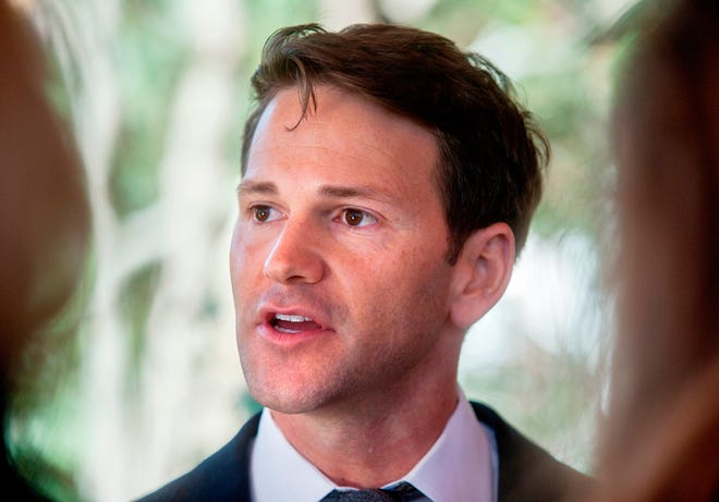Former U.S. Rep. Aaron Schock speaks with media in Peoria Heights in this Nov. 10, 2016, file photo. In a post online and on Instagram on Thursday, March 5, he stated that he is gay. [MATT DAYHOFF/JOURNAL STAR FILE PHOTO]