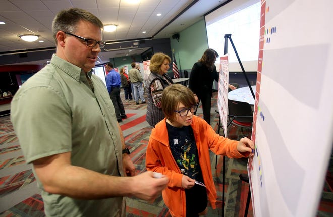 Trey Whisnant and son Cort, 9, place stickers to show what they value most in Shelby’s pedestrian and bike plan during a public meeting at the Don Gibson Theatre on Tuesday. [Brittany Randolph/The Star]