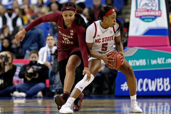 Florida State forward Kiah Gillespie (15) reaches in as North Carolina State forward Jada Boyd (5) controls the ball during the first half of an NCAA college basketball championship game at the Atlantic Coast Conference women's tournament in Greensboro, N.C., Sunday, March 8, 2020. (AP Photo/Gerry Broome)