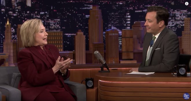 Hillary Clinton speaks with Jimmy Fallon during an appearance on The Tonight Show on March 5, the day after Super Tuesday.