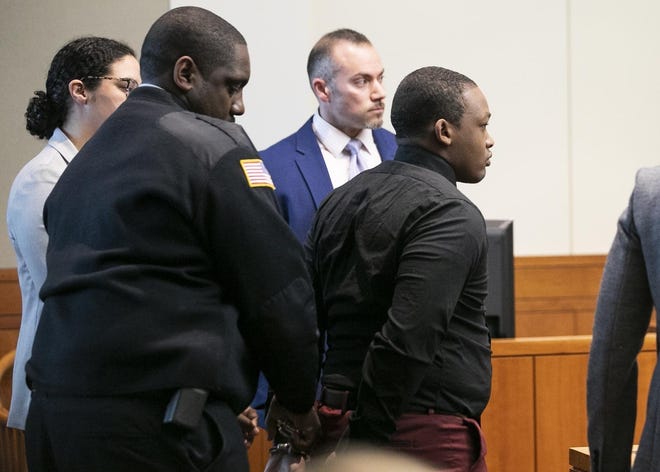 Naiquan Hamilton, 19, is committed to juvenile detention until the age of 20 at the Juvenile Court sentencing hearing at Brockton District Court on Monday, March 9, 2020. [Alyssa Stone/The Enterprise]