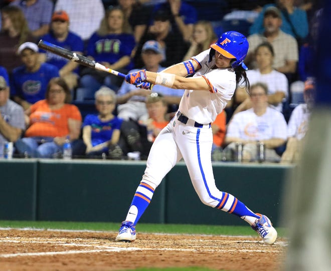 University of Florida second baseman Hannah Adams at bat during an exhibition game against Team USA at Katie Seashole Pressly Stadium last month. A proposal that would allow college athletes to earn money from their “name, image, likeness or persona” was approved by the state Senate Monday and now goes to the House. [Brad McClenny/The Gainesville Sun/file]