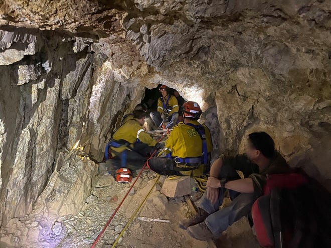 An unidentified man was rescued by San Bernardino County Fire Department crews from deep within an abandoned mine near Twentynine Palms on Sunday, March 8, 2020 after a 15-hour operation. [PHOTO COURTESY OF SAN BERNARDINO COUNTY FIRE]