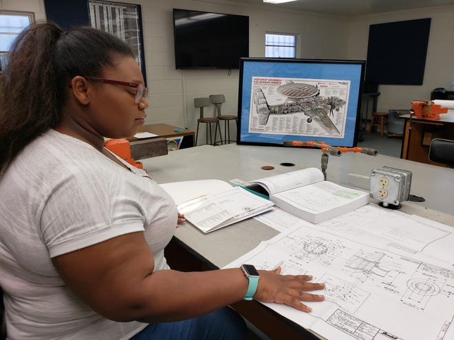Leeahna Smith is a student at the First Coast Technical College Introduction to Aircraft Fabrication Continuing Workforce Education Program. The program is contributing valuable trained employees to Northrop Grumman, keeping jobs in the area. [CONTRIBUTED]