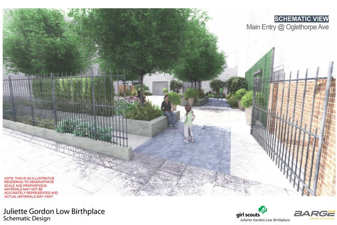 The Savannah Downtown Historic District Board of Review voted to approve alterations to the Juliette Gordon Low Birthplace garden space during their meeting on Wednesday, March 11. The plans include creating a new main entry gate, adding raised planters/seat walls with wall-mounted benches and adding a new, free-standing green wall “trellis” to the east wall. [Rendering by Barge Design Solutions]