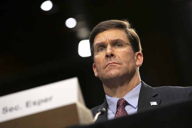 Defense Secretary Mark Esper testifies to the Senate Armed Services Committee about the budget, Wednesday on Capitol Hill in Washington. An uptick in Taliban attacks against Afghan forces that prompted a retaliatory U.S. airstrike has underscored the fragility of the peace deal between the Trump administration and the group. Esper told the Senate hearing that the Taliban are honoring the agreement by not attacking U.S. and coalition forces, "but not in terms of sustaining the reduction in violence." [AP Photo/Jacquelyn Martin]
